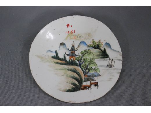 彩山水圆瓷板