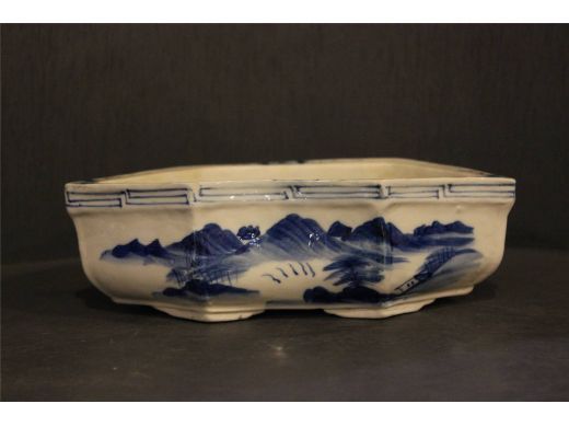青花山水水仙盆