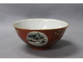 矾红开光山水碗
