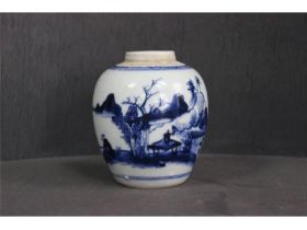 青花山水人物小罐