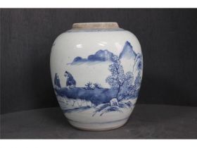 青花山水人物罐