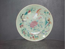 豆青加彩花鸟碟