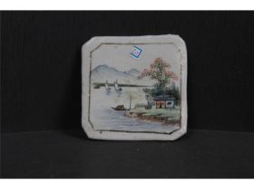 彩方形山水小瓷片