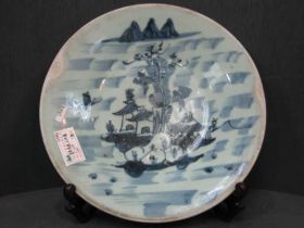 豆青青花山水盘