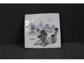彩方形山水小瓷片