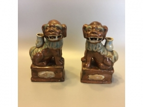 咖啡釉狮子香插一对