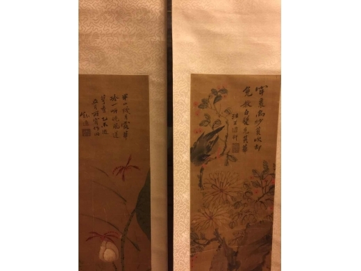 丝绸地着色花鸟4屏条