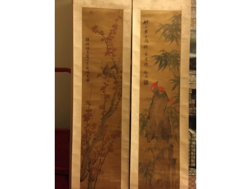 丝绸地着色花鸟4屏条