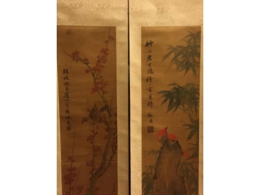 丝绸地着色花鸟4屏条