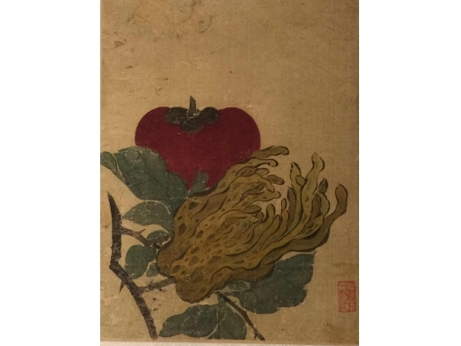 绢本着色福寿双果