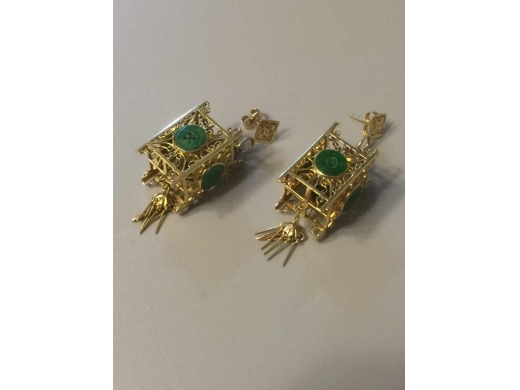 14k金灯笼形四方镶圆小辈翠耳钉(1对)