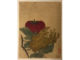 绢本着色福寿双果