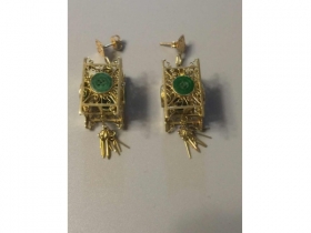 14k金灯笼形四方镶圆小辈翠耳钉(1对)