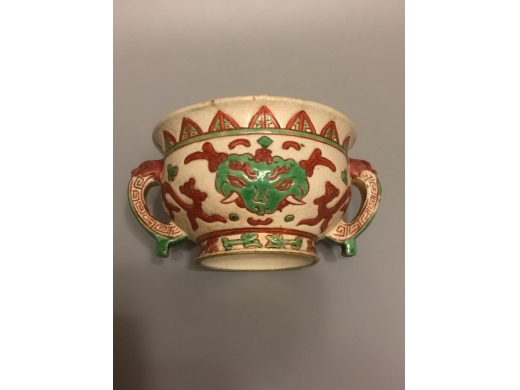 仿明红绿釉狩面双耳炉