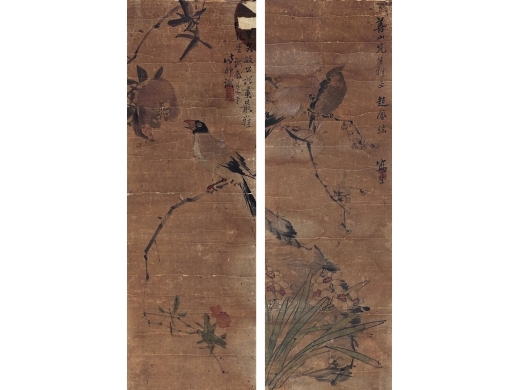 赵凤瑞（1858～1943） 花鸟 对屏镜框 设色纸本
