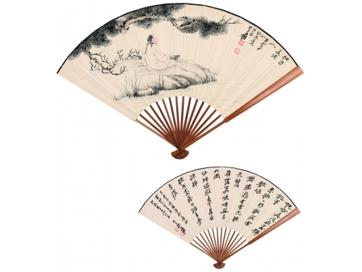 张大千（1899～1988） 松凉夏健人、书法成扇 成扇 设色纸本、纸本