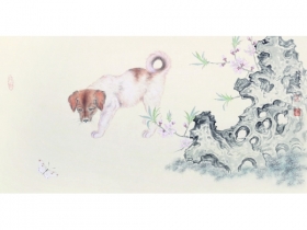 焦俊峰（b.1971） 犬蝶图 镜片 设色纸本