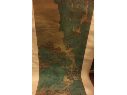 絹本設色青綠山水樓閣立軸  作者：袁江