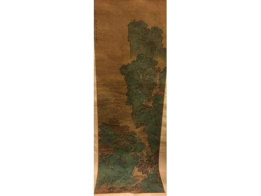 絹本設色青綠山水樓閣立軸  作者：袁江