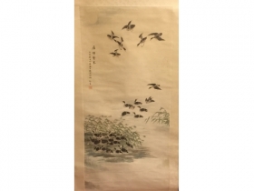 紙本設色秋雁中堂 作者：知笙