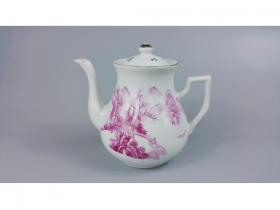 胭脂红釉山水纹茶壶