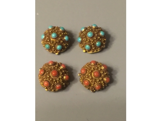 北京工銀花絲嵌松石，珊瑚，鍍金耳釘，二對