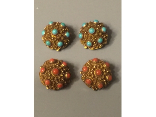 北京工銀花絲嵌松石，珊瑚，鍍金耳釘，二對