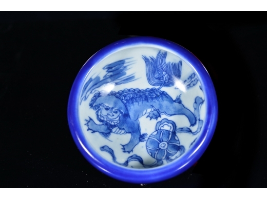 晚清 洋蓝釉 狮子纹 笔洗