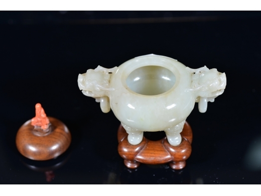 和田玉 双师 三足活环香炉