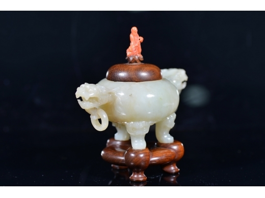 和田玉 双师 三足活环香炉