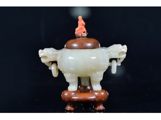 和田玉 双师 三足活环香炉