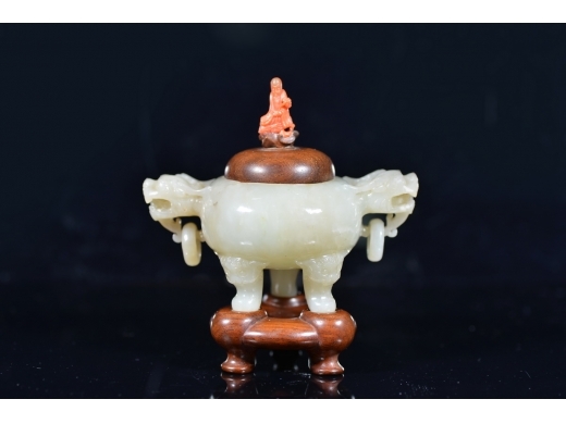 和田玉 双师 三足活环香炉