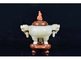 和田玉 双师 三足活环香炉