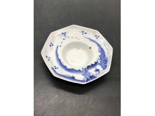 青花山水八方盖碗