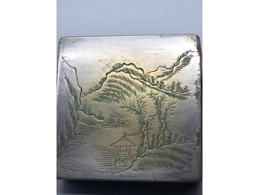 铜镀锌刻山水四方墨盒