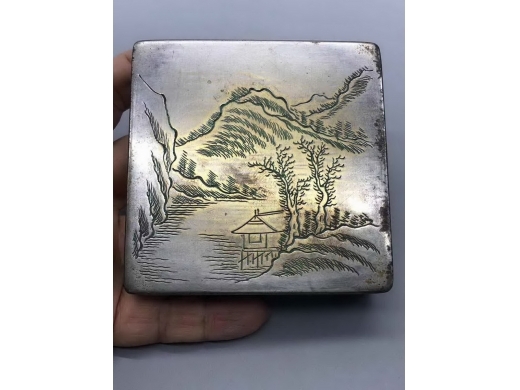 铜镀锌刻山水四方墨盒