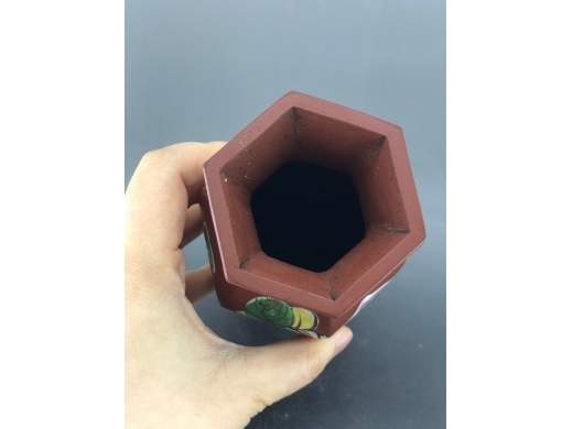 紫砂加彩花鸟纹六方瓶