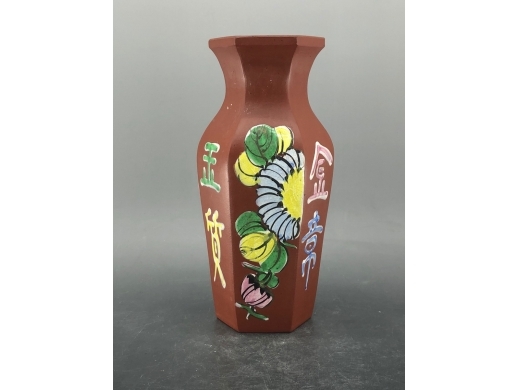紫砂加彩花鸟纹六方瓶