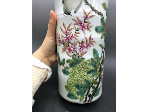 浅绛彩花鸟竹节帽筒