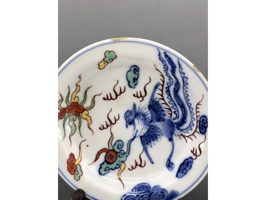 青花五彩丹凤朝阳纹折沿盘