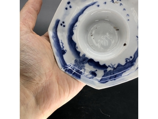 青花八方渔樵耕读盖碗