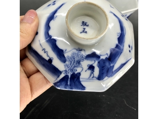 青花八方渔樵耕读盖碗