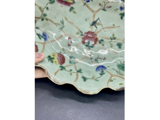 豆地粉彩草虫纹荷叶洗