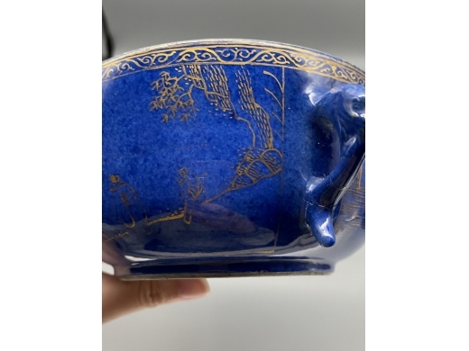洒蓝描金山水双蚰耳盖缸
