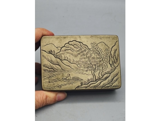 白铜刻山水长方墨盒